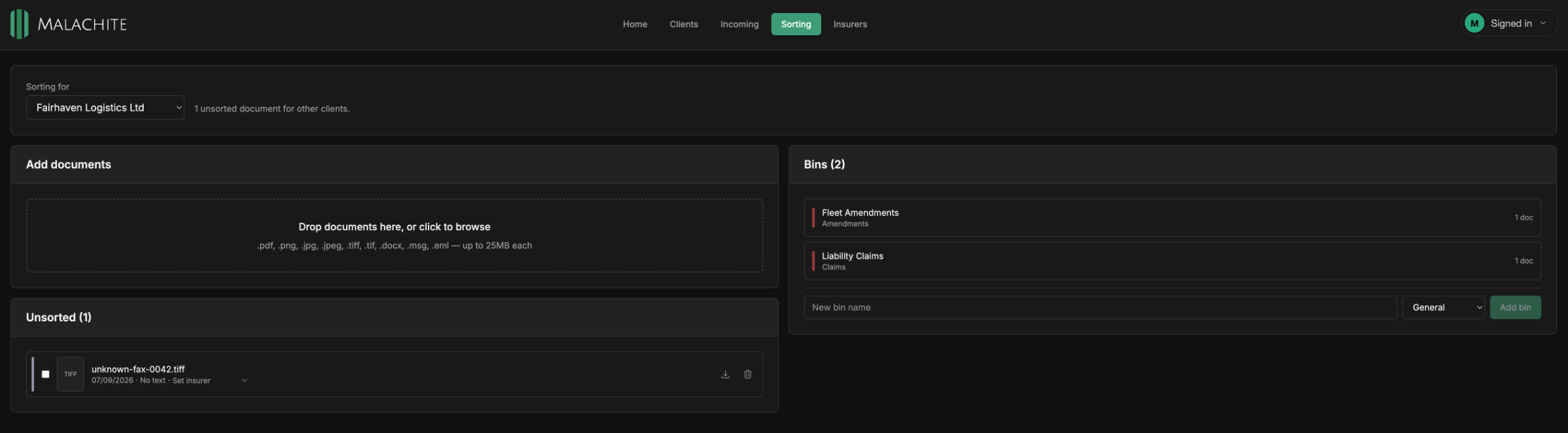 A screenshot of the Malachite document sorting workspace, showing unsorted documents on the left and filing bins on the right.